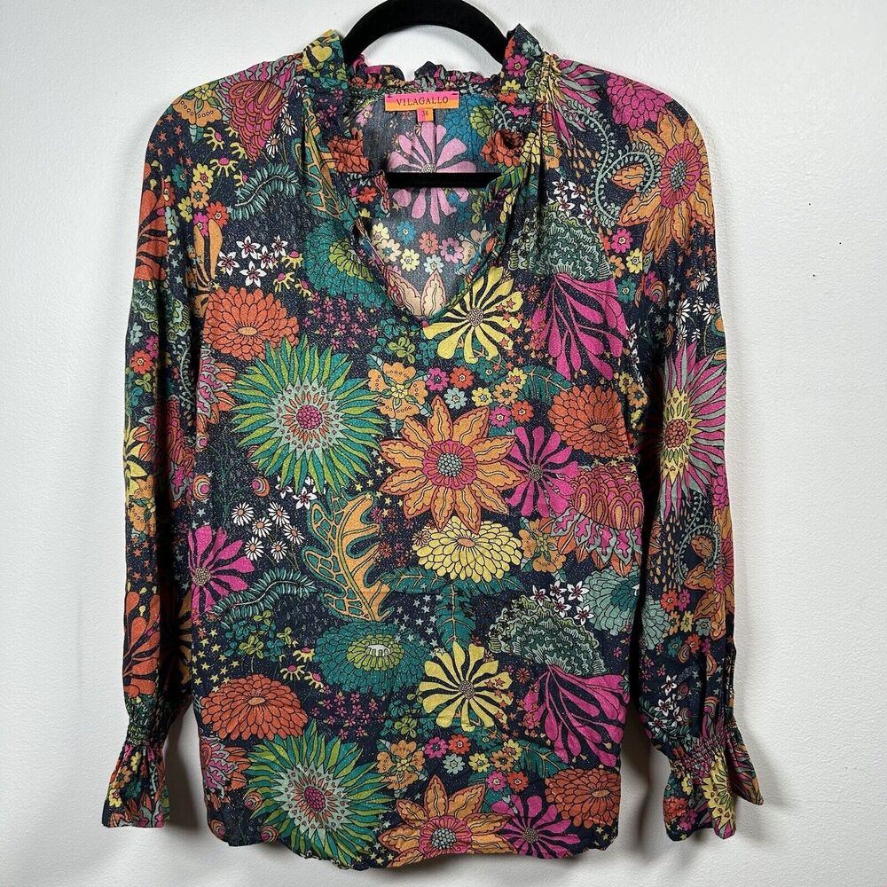 Vilagallo Velma Floral Crawley Print Long Sleeve V Neck Blouse Top EU 38 US 6